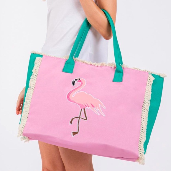 High Heels on the High Road Handbags - Pink & Green Embroidered Flamingo Bird & Cream Fringe Trim 17.5" Tote Beach Bag